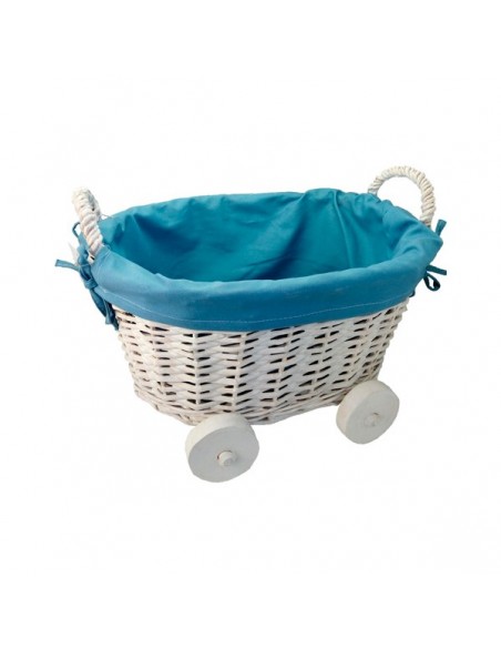 CESTA DE MIMBRE EN FORMA DE CARRITO AZUL